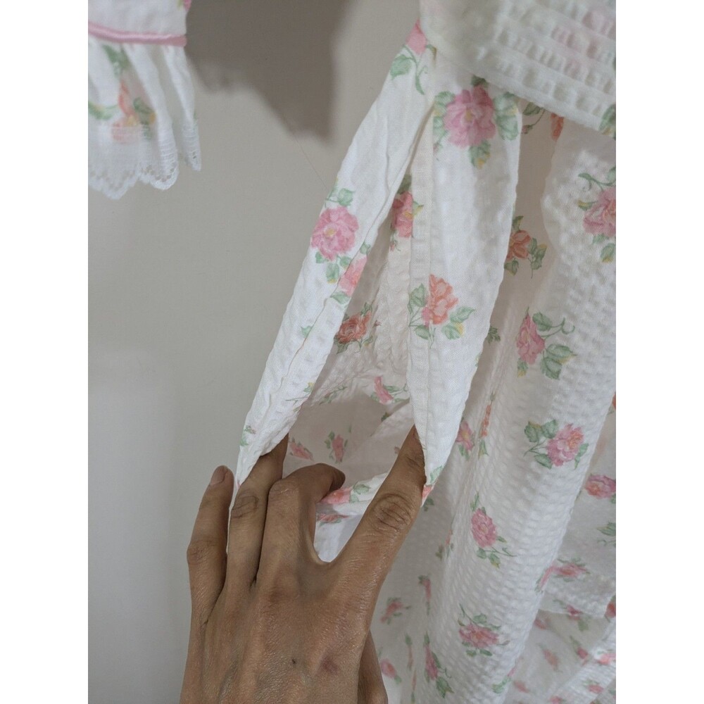 Vintage Miss Elaine Seersucker Robe Floral Ruffles Bows 3/4 Sleeve Union Made S - Picture 6 of 9